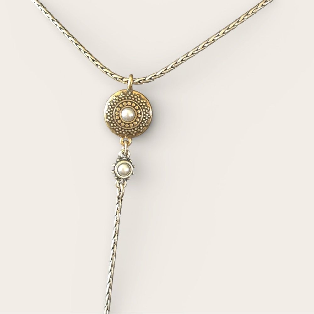 LUCKY BRAND Brass Faux Pearl Drop Pendant Necklace